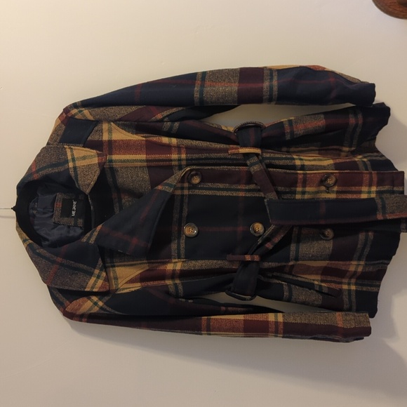 Me Jane Burgundy Tan Navy Plaid Double-Breasted Belted Women's Jacket, XL - Picture 5 of 10